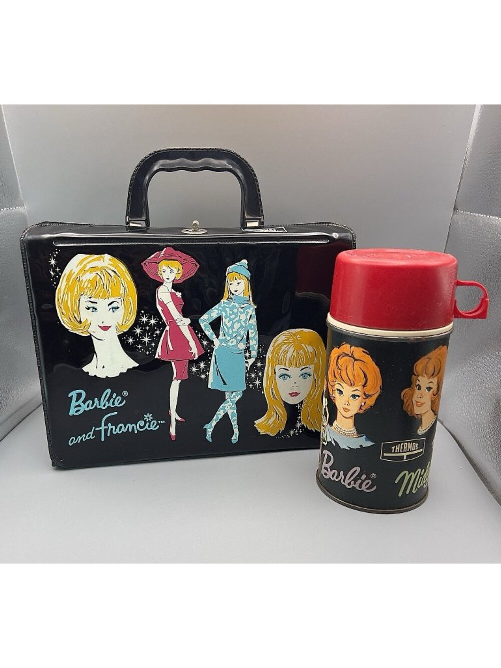 Vtg 1965 Barbie and Francie Black Vinyl Lunchbox Set with Matching Midge Thermos